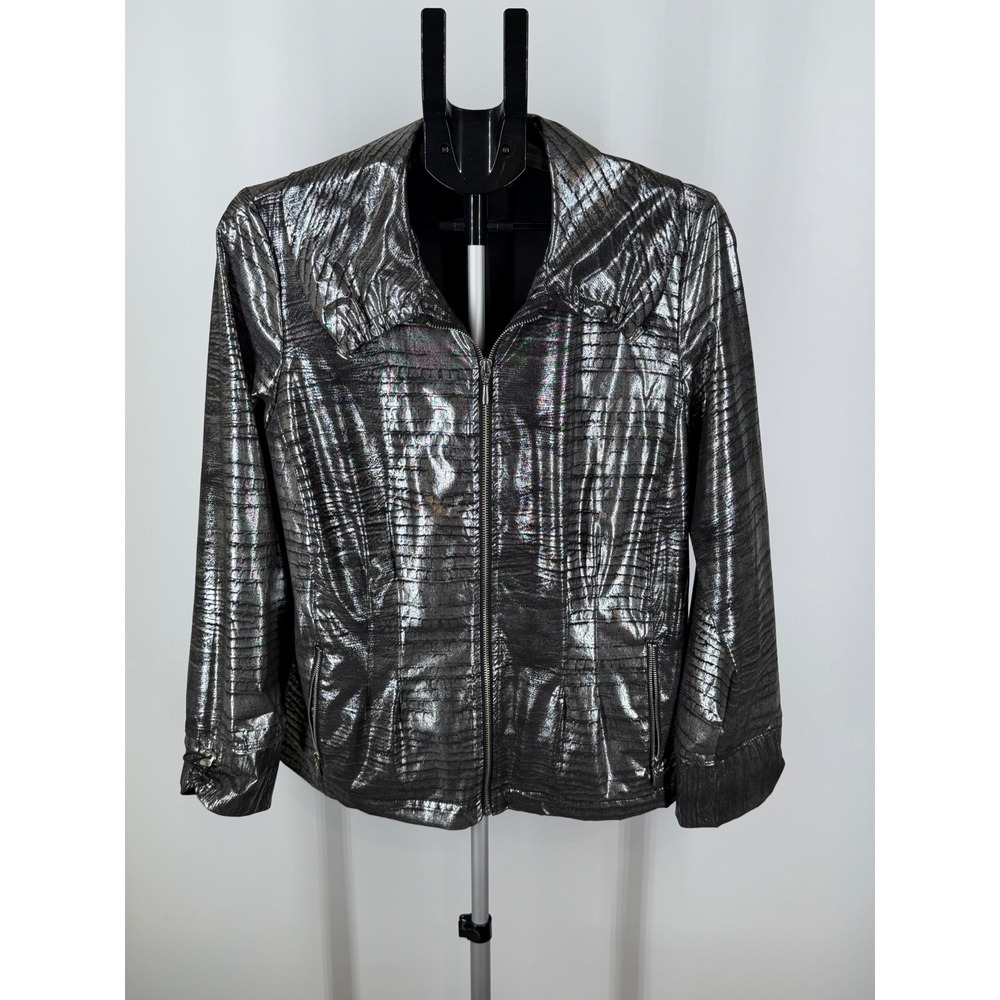 Zenergy by Chico's Silver Metallic Crocodile Embossed Full Zip Jacket‎ Womens 1